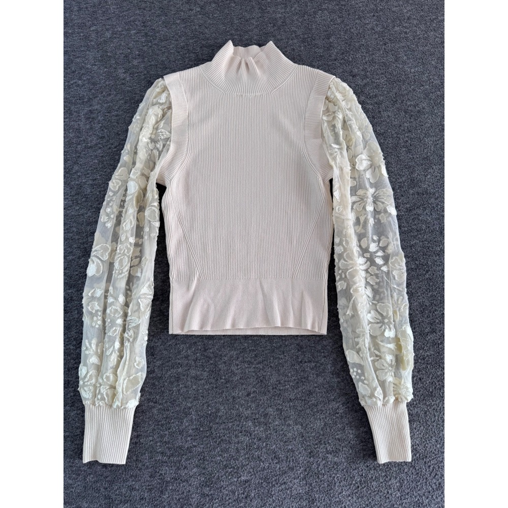 French Connection Cream Ribbed Mock Neck Top Floral Sheer Puff Sleeve Small